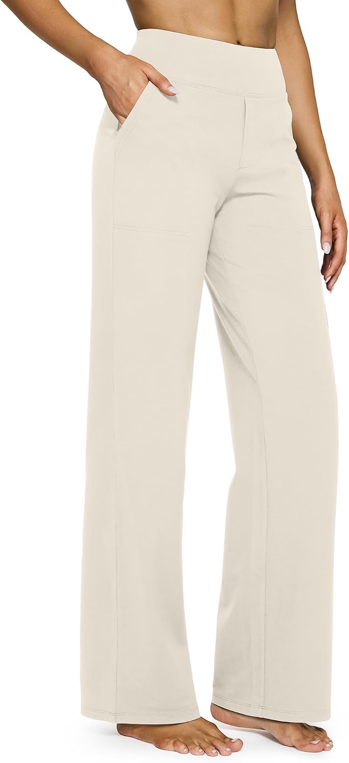 G4Free Yoga Pants for Women Wide Leg Pants with Pockets High Waisted | Moisture Wicking, Soft Comfortable Feel, 4-Way Stretch, Faux Fly, Faux Back Pockets, Yoga, Work & Casual Wear