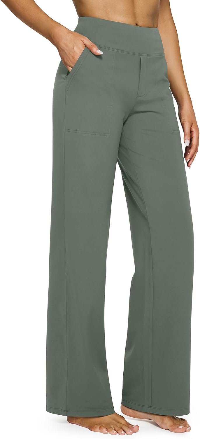 G4Free Yoga Pants for Women Wide Leg Pants with Pockets High Waisted | Moisture Wicking, Soft Comfortable Feel, 4-Way Stretch, Faux Fly, Faux Back Pockets, Yoga, Work & Casual Wear