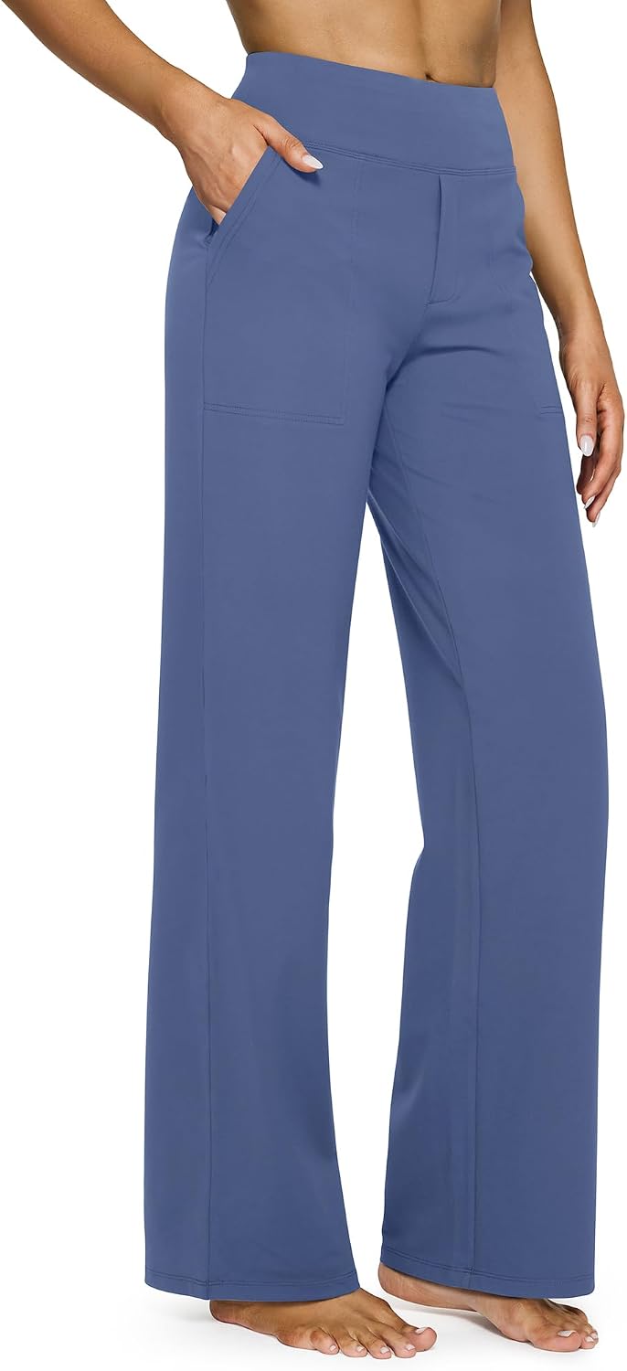 G4Free Yoga Pants for Women Wide Leg Pants with Pockets High Waisted | Moisture Wicking, Soft Comfortable Feel, 4-Way Stretch, Faux Fly, Faux Back Pockets, Yoga, Work & Casual Wear