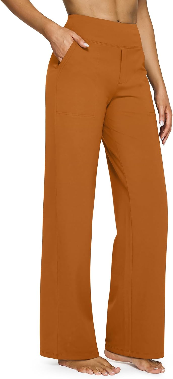 G4Free Yoga Pants for Women Wide Leg Pants with Pockets High Waisted | Moisture Wicking, Soft Comfortable Feel, 4-Way Stretch, Faux Fly, Faux Back Pockets, Yoga, Work & Casual Wear