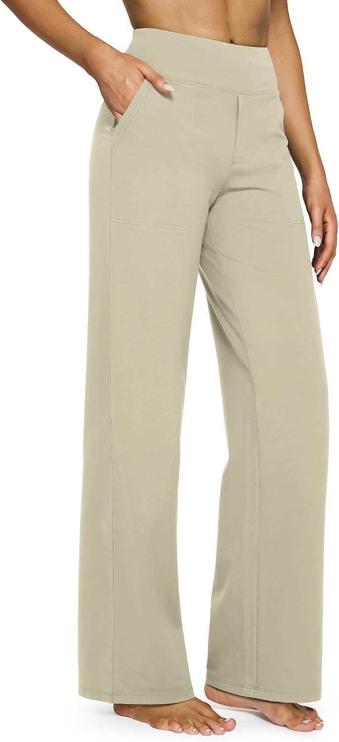 G4Free Yoga Pants for Women Wide Leg Pants with Pockets High Waisted | Moisture Wicking, Soft Comfortable Feel, 4-Way Stretch, Faux Fly, Faux Back Pockets, Yoga, Work & Casual Wear