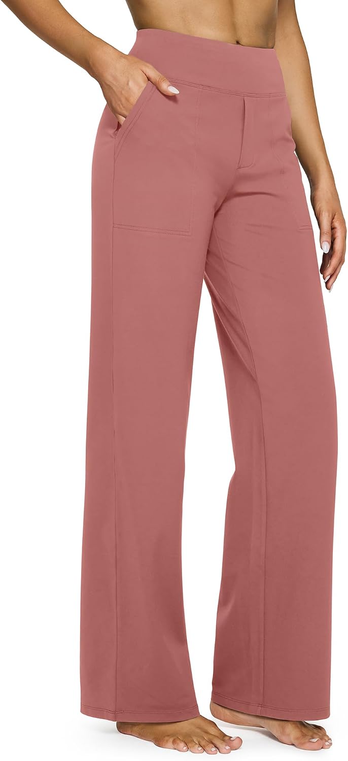 G4Free Yoga Pants for Women Wide Leg Pants with Pockets High Waisted | Moisture Wicking, Soft Comfortable Feel, 4-Way Stretch, Faux Fly, Faux Back Pockets, Yoga, Work & Casual Wear