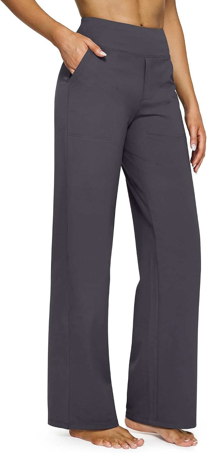 G4Free Yoga Pants for Women Wide Leg Pants with Pockets High Waisted | Moisture Wicking, Soft Comfortable Feel, 4-Way Stretch, Faux Fly, Faux Back Pockets, Yoga, Work & Casual Wear