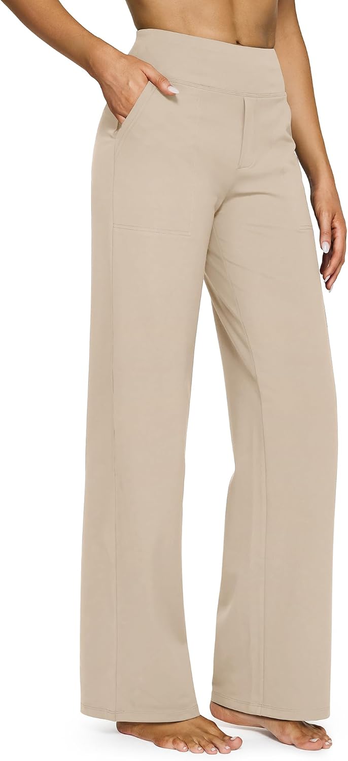 G4Free Yoga Pants for Women Wide Leg Pants with Pockets High Waisted | Moisture Wicking, Soft Comfortable Feel, 4-Way Stretch, Faux Fly, Faux Back Pockets, Yoga, Work & Casual Wear