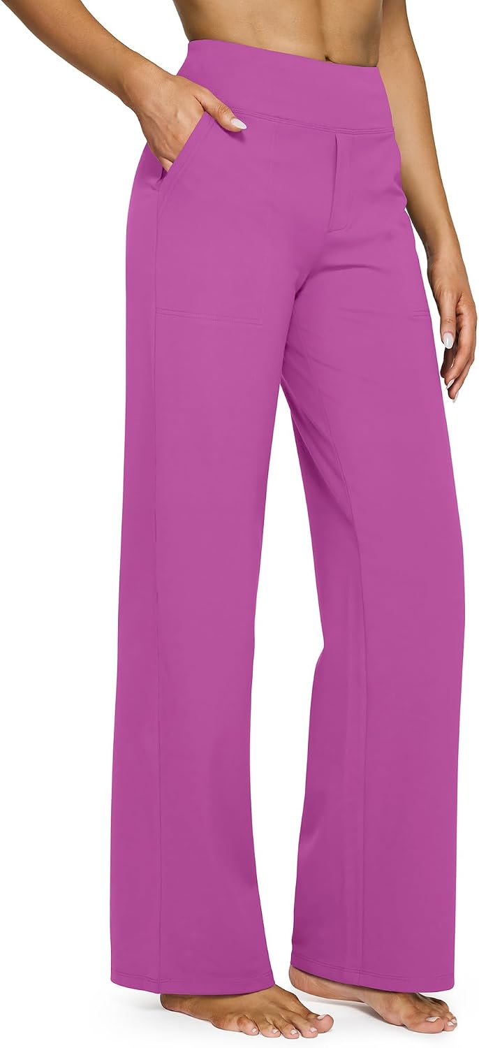 G4Free Yoga Pants for Women Wide Leg Pants with Pockets High Waisted | Moisture Wicking, Soft Comfortable Feel, 4-Way Stretch, Faux Fly, Faux Back Pockets, Yoga, Work & Casual Wear