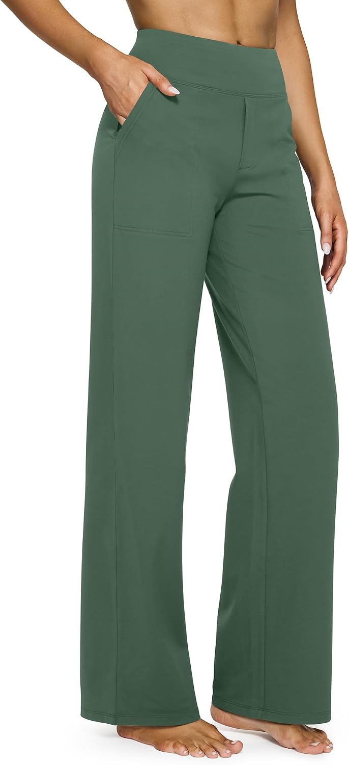 G4Free Yoga Pants for Women Wide Leg Pants with Pockets High Waisted | Moisture Wicking, Soft Comfortable Feel, 4-Way Stretch, Faux Fly, Faux Back Pockets, Yoga, Work & Casual Wear
