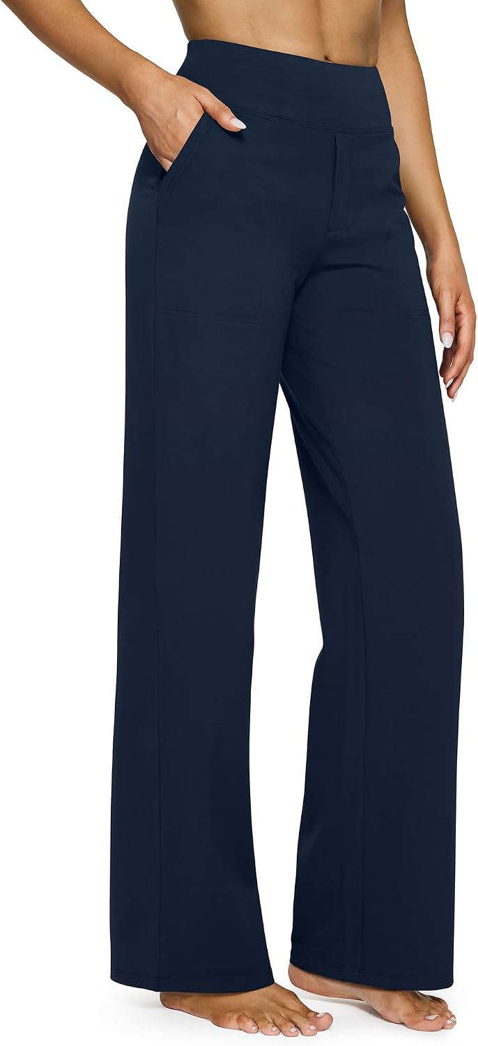 G4Free Yoga Pants for Women Wide Leg Pants with Pockets High Waisted | Moisture Wicking, Soft Comfortable Feel, 4-Way Stretch, Faux Fly, Faux Back Pockets, Yoga, Work & Casual Wear