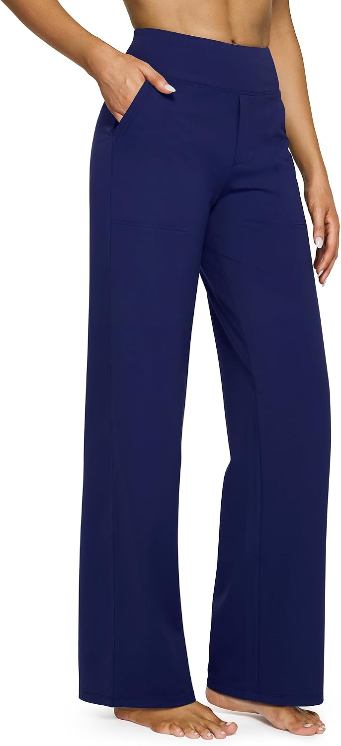 G4Free Yoga Pants for Women Wide Leg Pants with Pockets High Waisted | Moisture Wicking, Soft Comfortable Feel, 4-Way Stretch, Faux Fly, Faux Back Pockets, Yoga, Work & Casual Wear